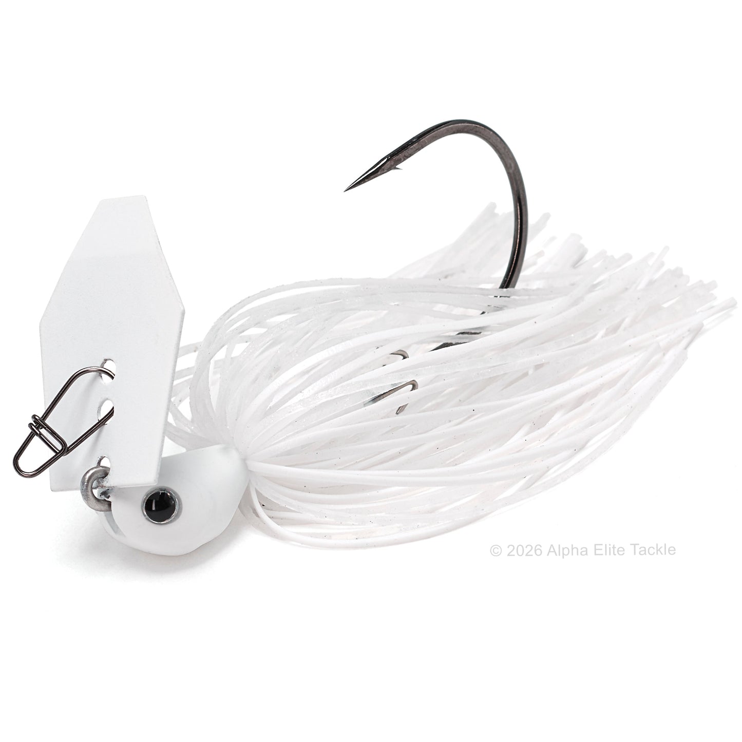 Close up of the evergreen tungsten jack hammer bladed jig in the color secret white on a white background.