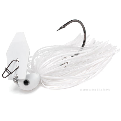 Close up of the evergreen tungsten jack hammer bladed jig in the color secret white on a white background.