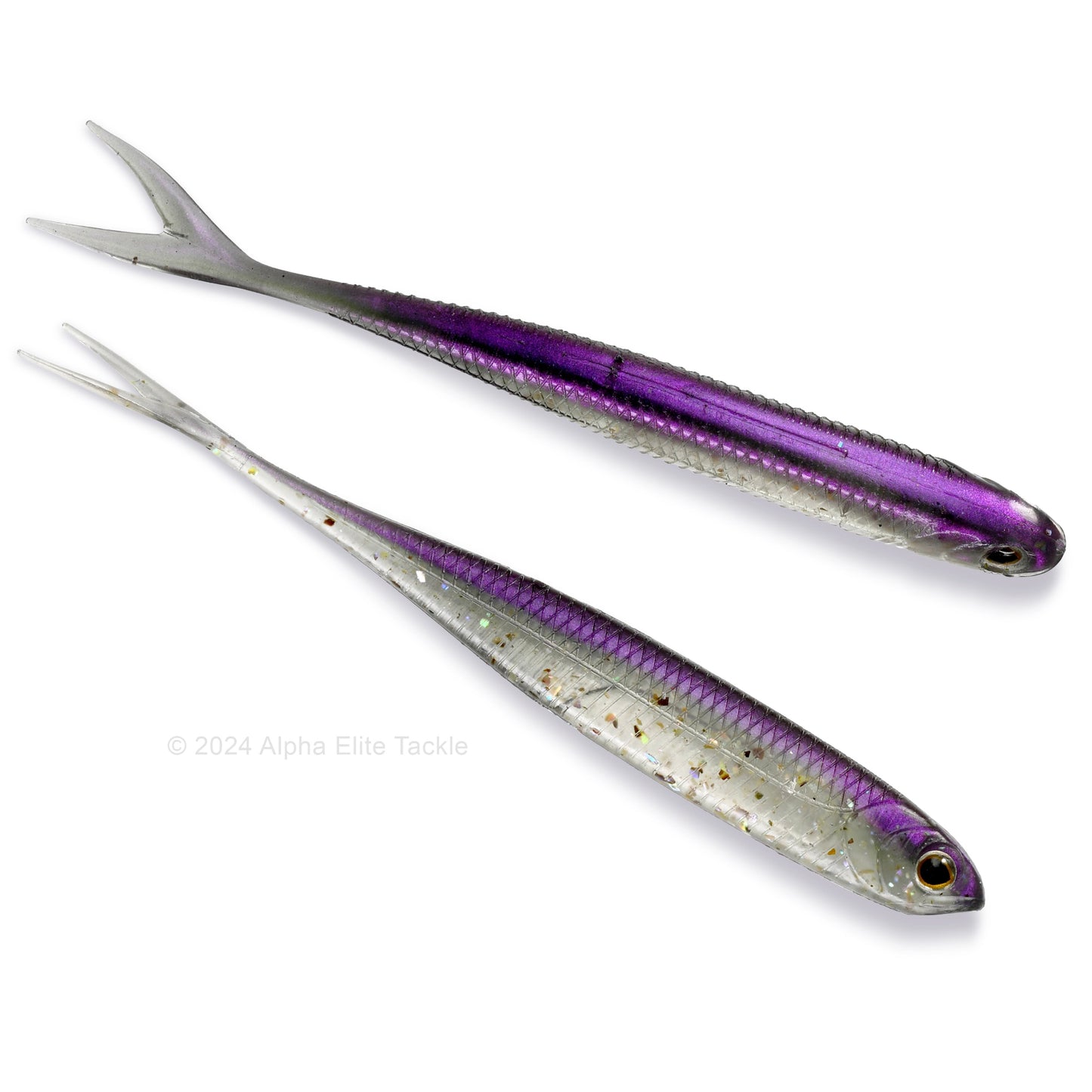 Close up of the Fish Arrow Flash J Split Abalone Strolling Minnow in the color Lake Wakasagi on a white background.