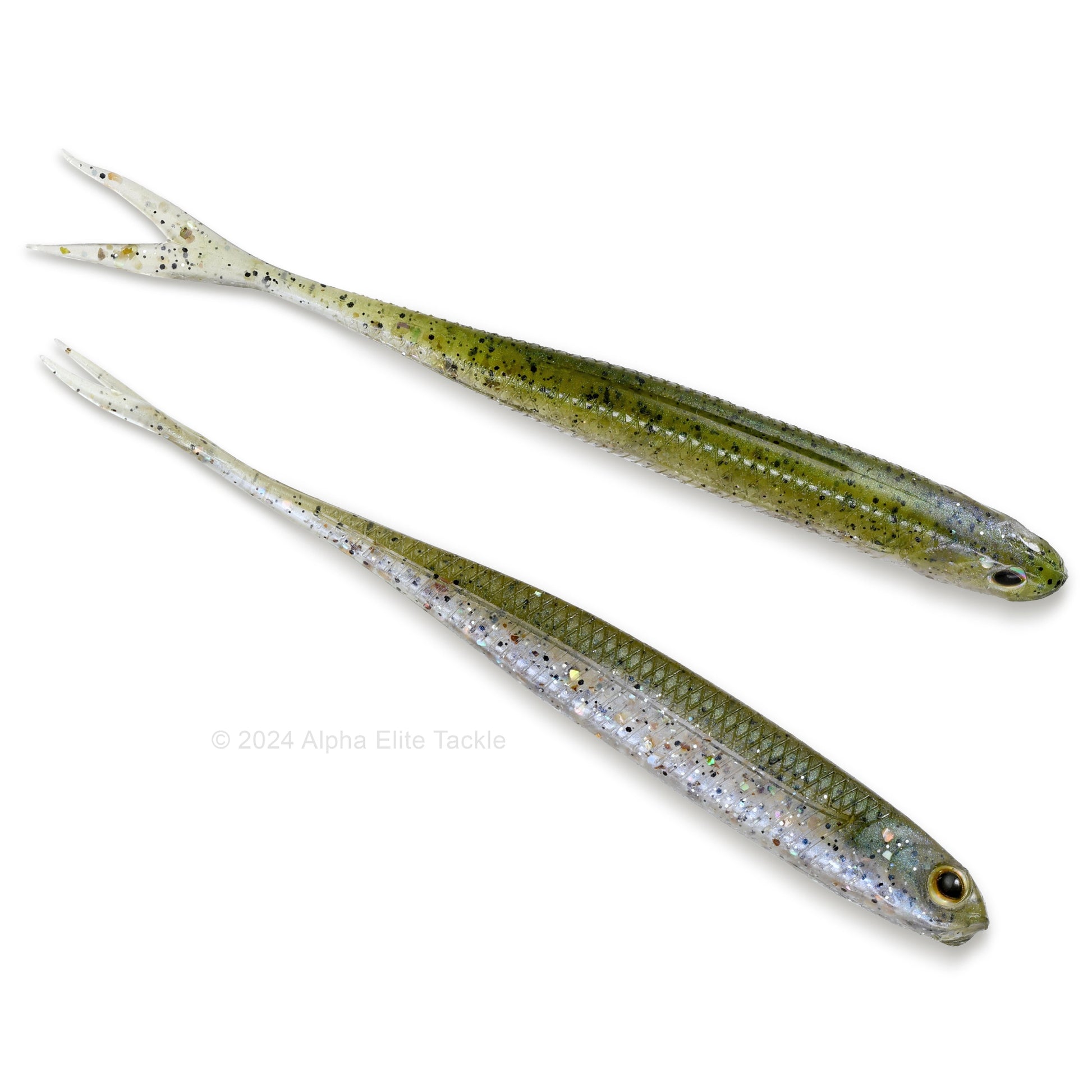 Close up of the Fish Arrow Flash J Split Abalone Strolling Minnow in the color Reservoir Shad on a white background.