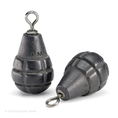 Two fishing sinkers shaped like grenades on a white background