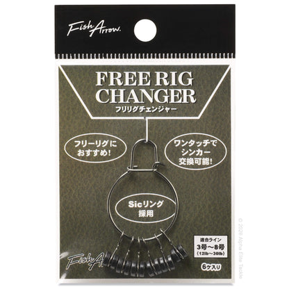 Fishing accessory package labeled 'FREE RIG CHANGER' with a metal rig changer hook and several black sinkers attached, shown on a white background.