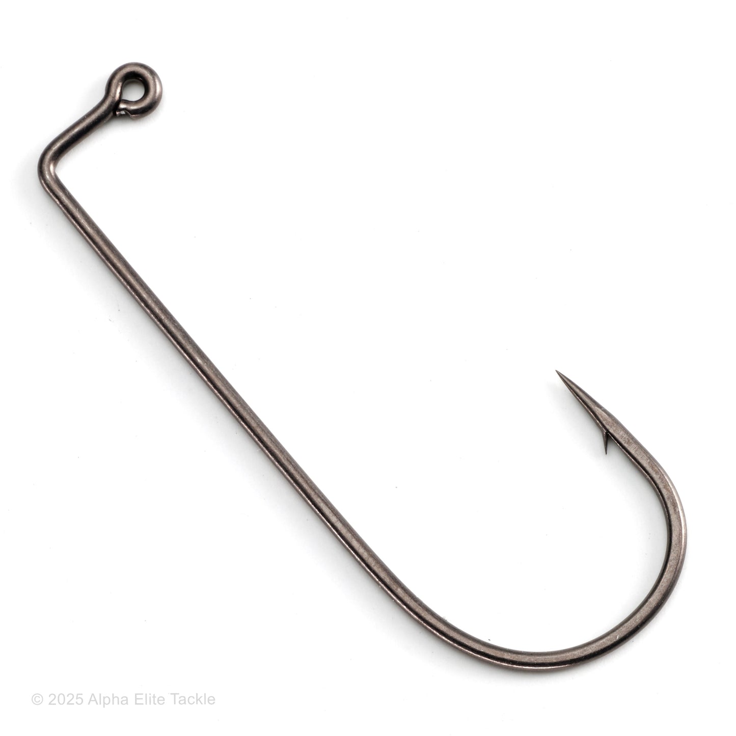 close up of a single gamakatsu horizion jig hook on a white background