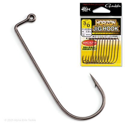 Close up of one and Gamakatsu Horizon Jig Hook and its packaging on a white background.