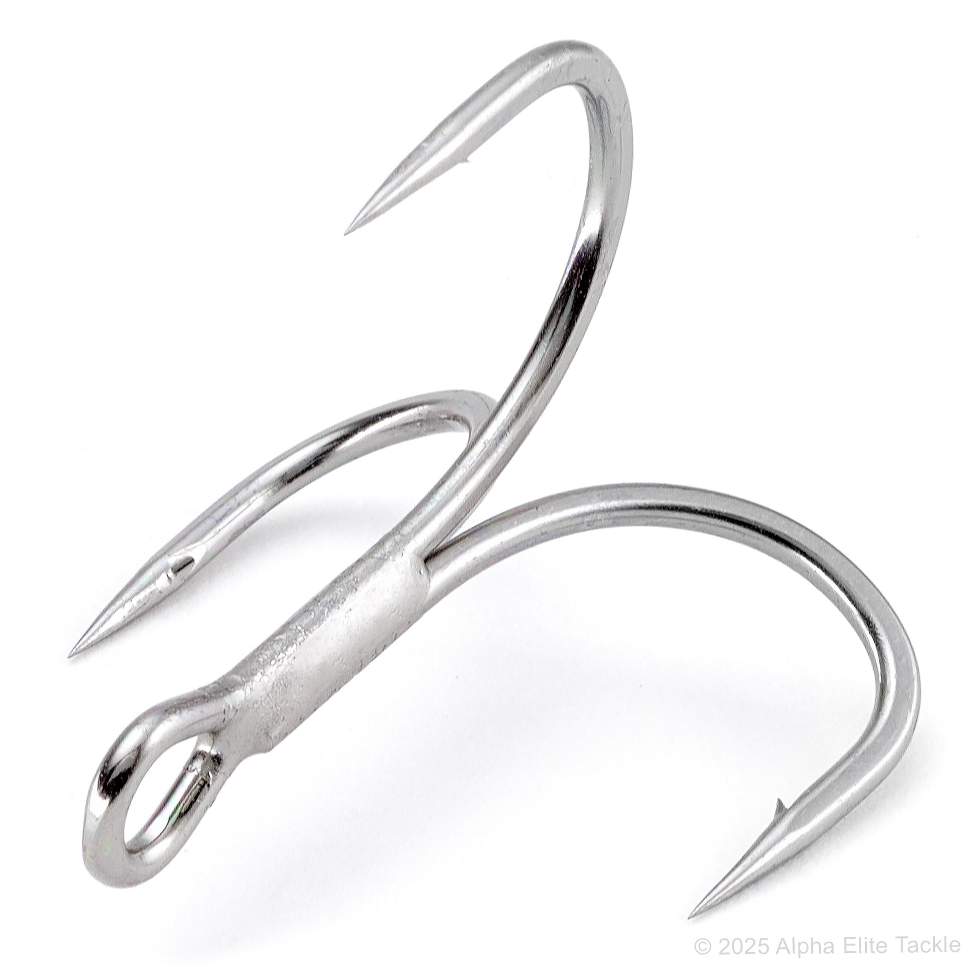 Close up of a single Gamakatsu Hyper Shield Treble Hook on a white background