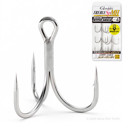 Close up of a single Gamakatsu SP MH Hypershield Treble Hook and it's packaging on a white background