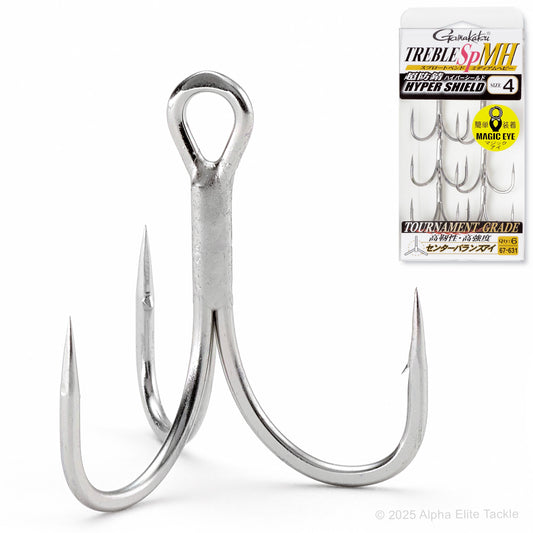 Close up of a single Gamakatsu SP MH Hypershield Treble Hook and it's packaging on a white background