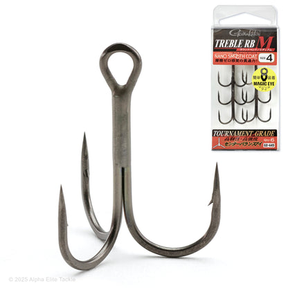 Close up of the Gamaatsu Treble RB-M Treble Hook with packaging on a white background
