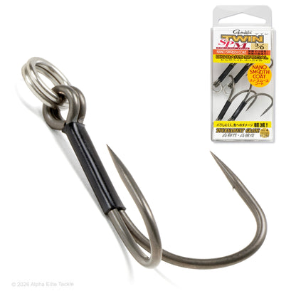 A twin fishing hook with a black wrapped shank and a split ring, shown next to its retail packaging. The package reads Gamakatsu Twin SP-M Hook.