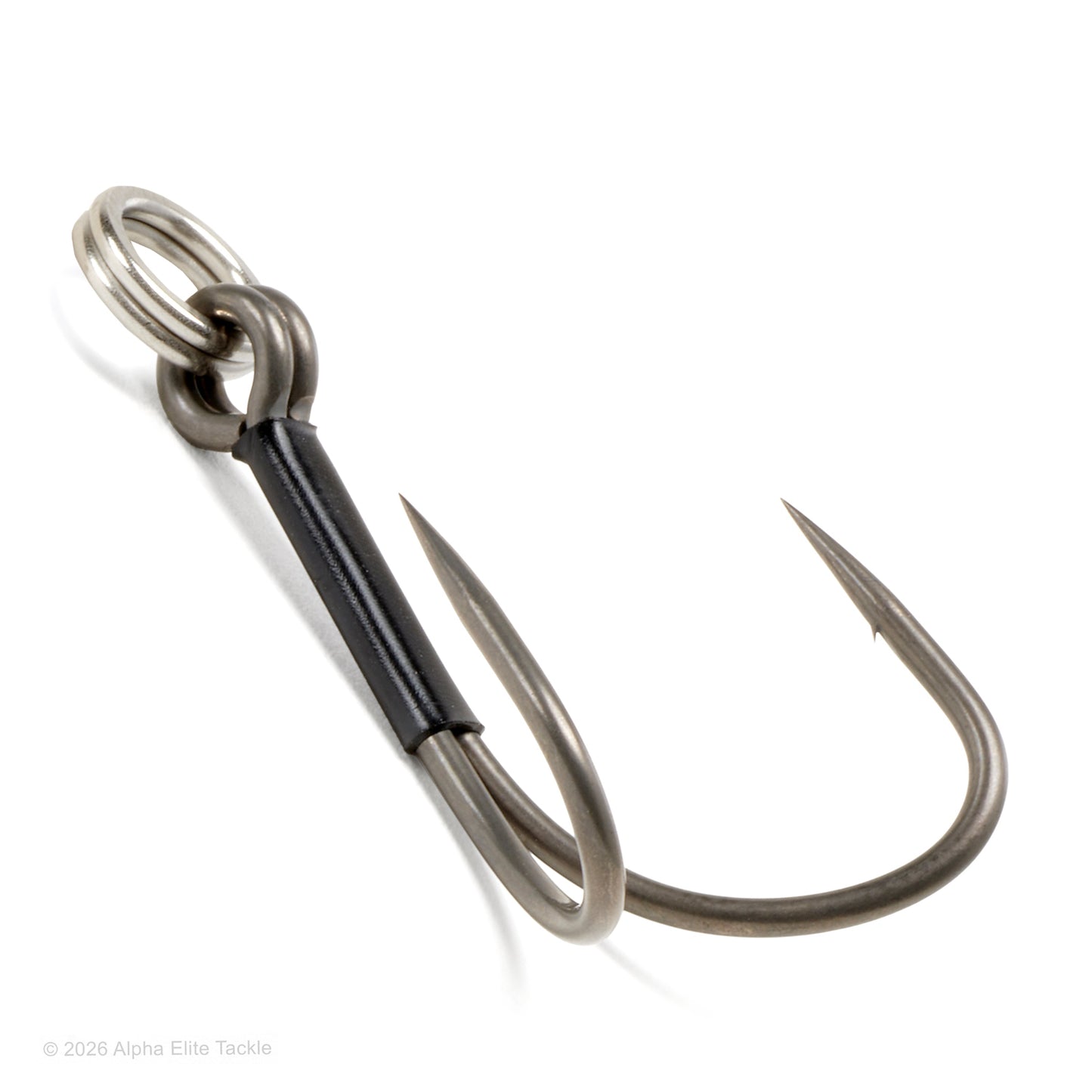 A twin fishing hook with a black wrapped shank and a silver split ring, photographed on a clean white background.