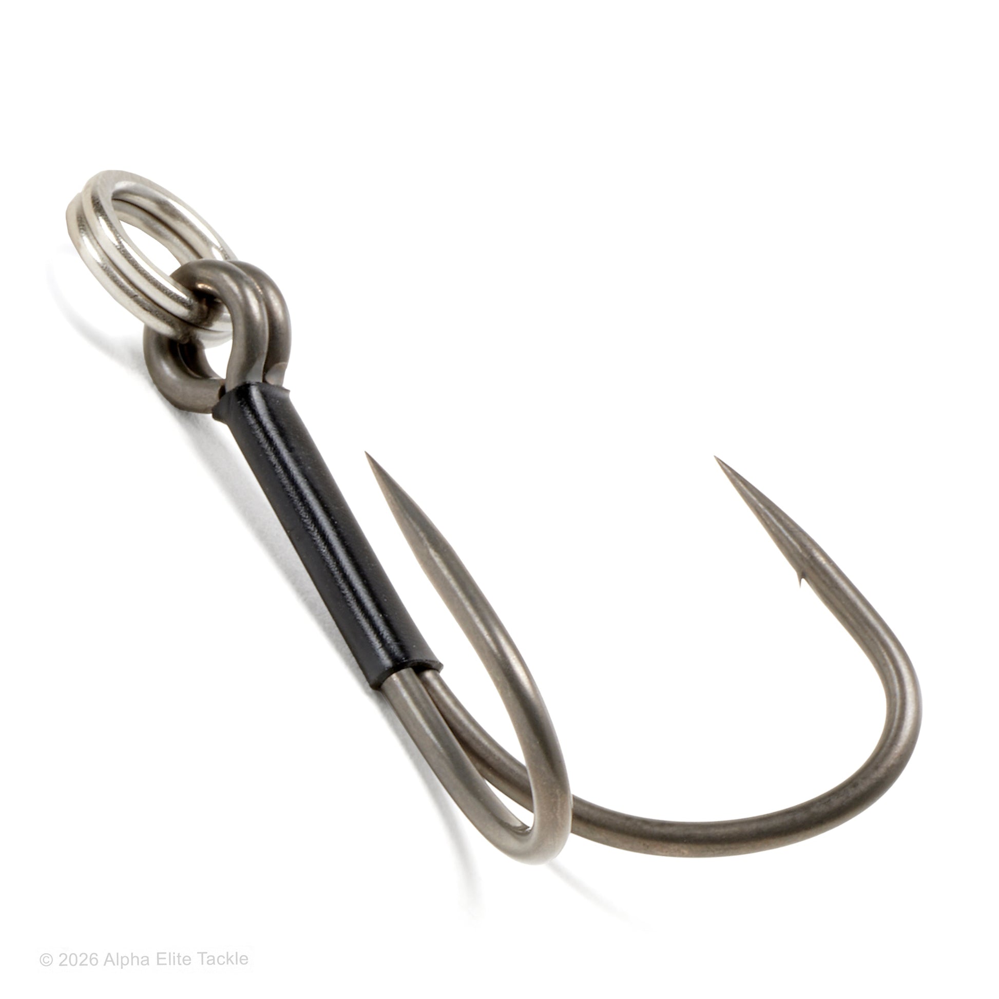 A twin fishing hook with a black wrapped shank and a silver split ring, photographed on a clean white background.