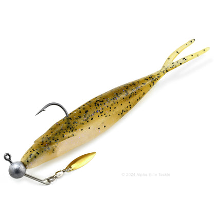 Close up of GeeCrack Corn Head Underspin Strolling Jig Head with gold blade and with a deps sakamata shad on it