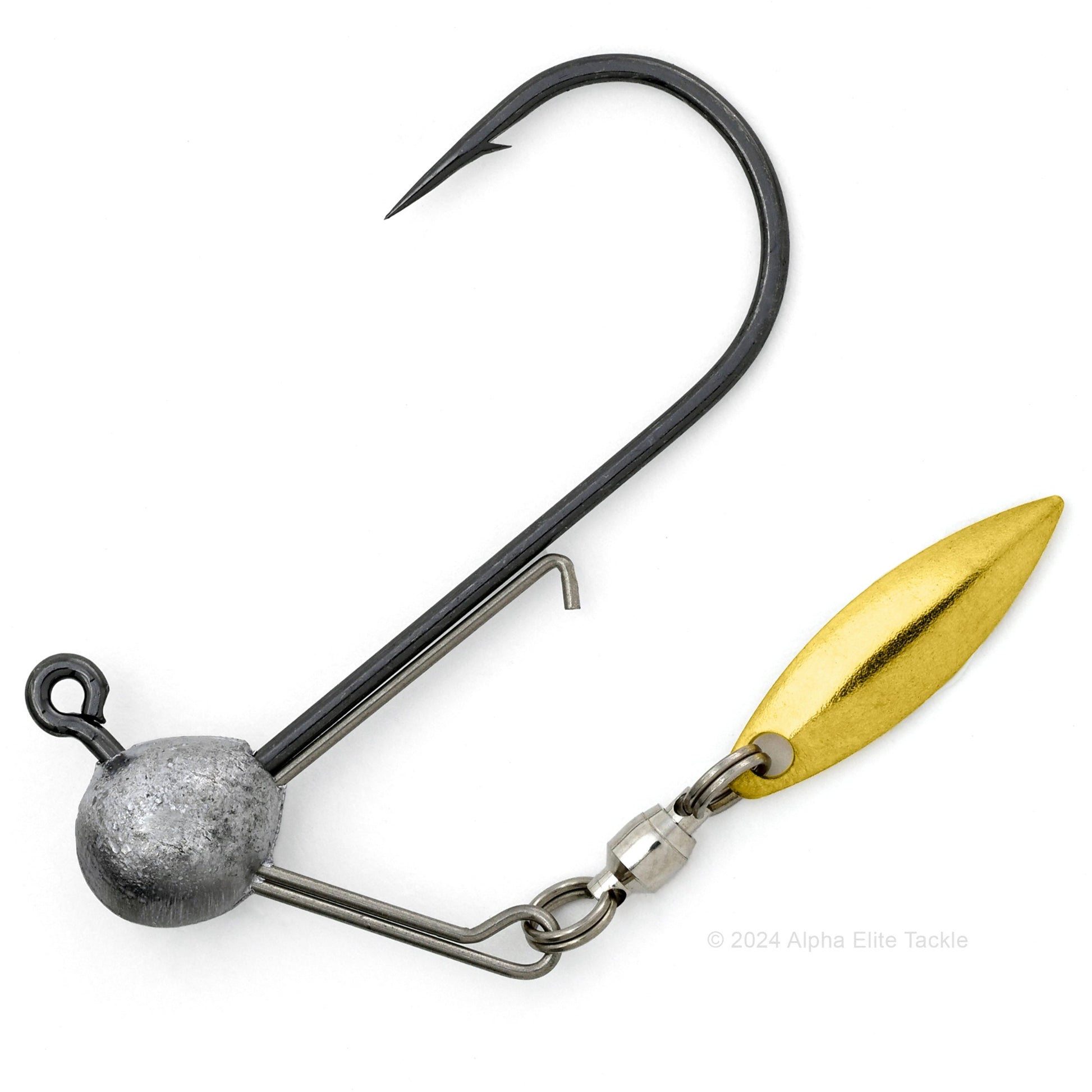 Close up of GeeCrack Corn Head Underspin Strolling Jig Head with a gold blade