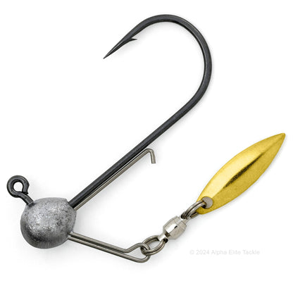 Close up of GeeCrack Corn Head Underspin Strolling Jig Head with a gold blade