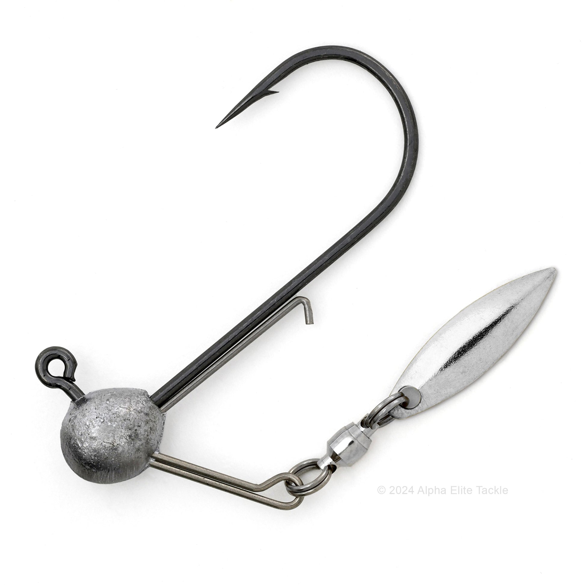 Close up of GeeCrack Corn Head Underspin Strolling Jig Head with silver blade
