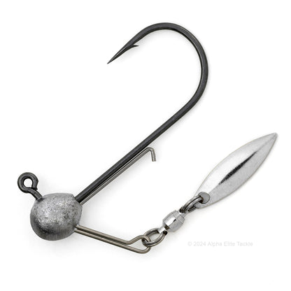 Close up of GeeCrack Corn Head Underspin Strolling Jig Head with silver blade