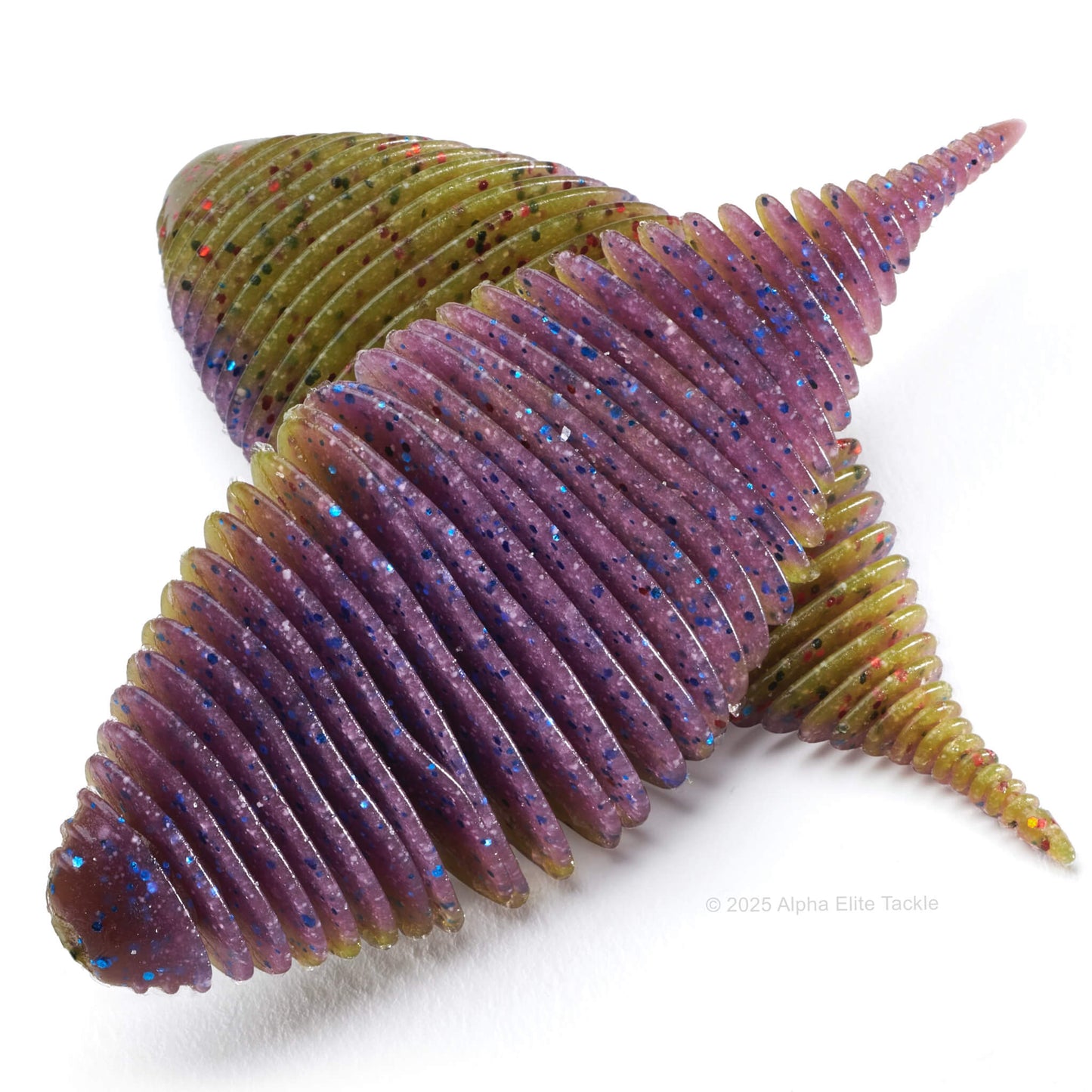 Close up of the Geecrack Bellows Gill Creature Bait in the color Bug Bomb on a white background