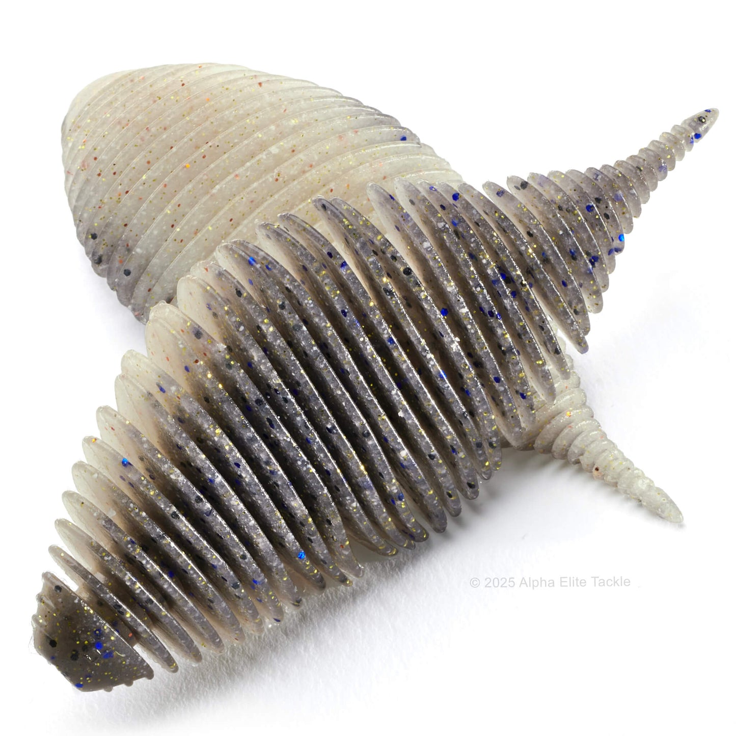 Close up of the Geecrack Bellows Gill Creature Bait in the color Flash Gill on a white background