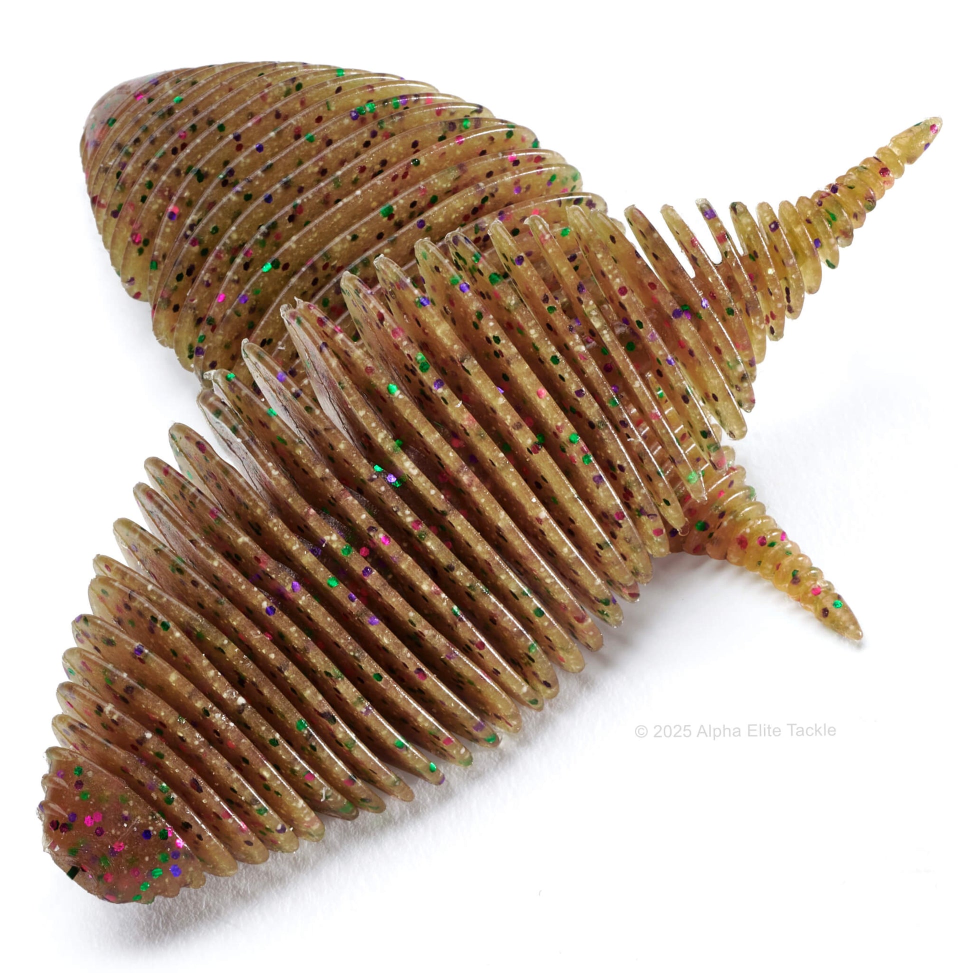 Close up of the Geecrack Bellows Gill Creature Bait in the color Green Pumpkin Candy Gill on a white background