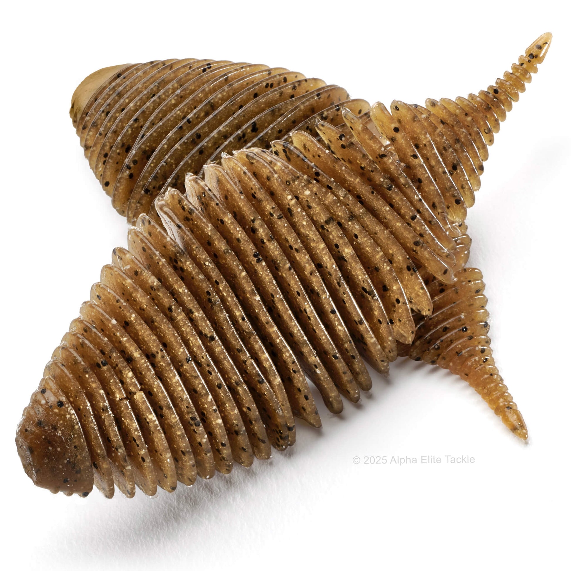 Close up of the Geecrack Bellows Gill Creature Bait in the color Green Pumpkin on a white background