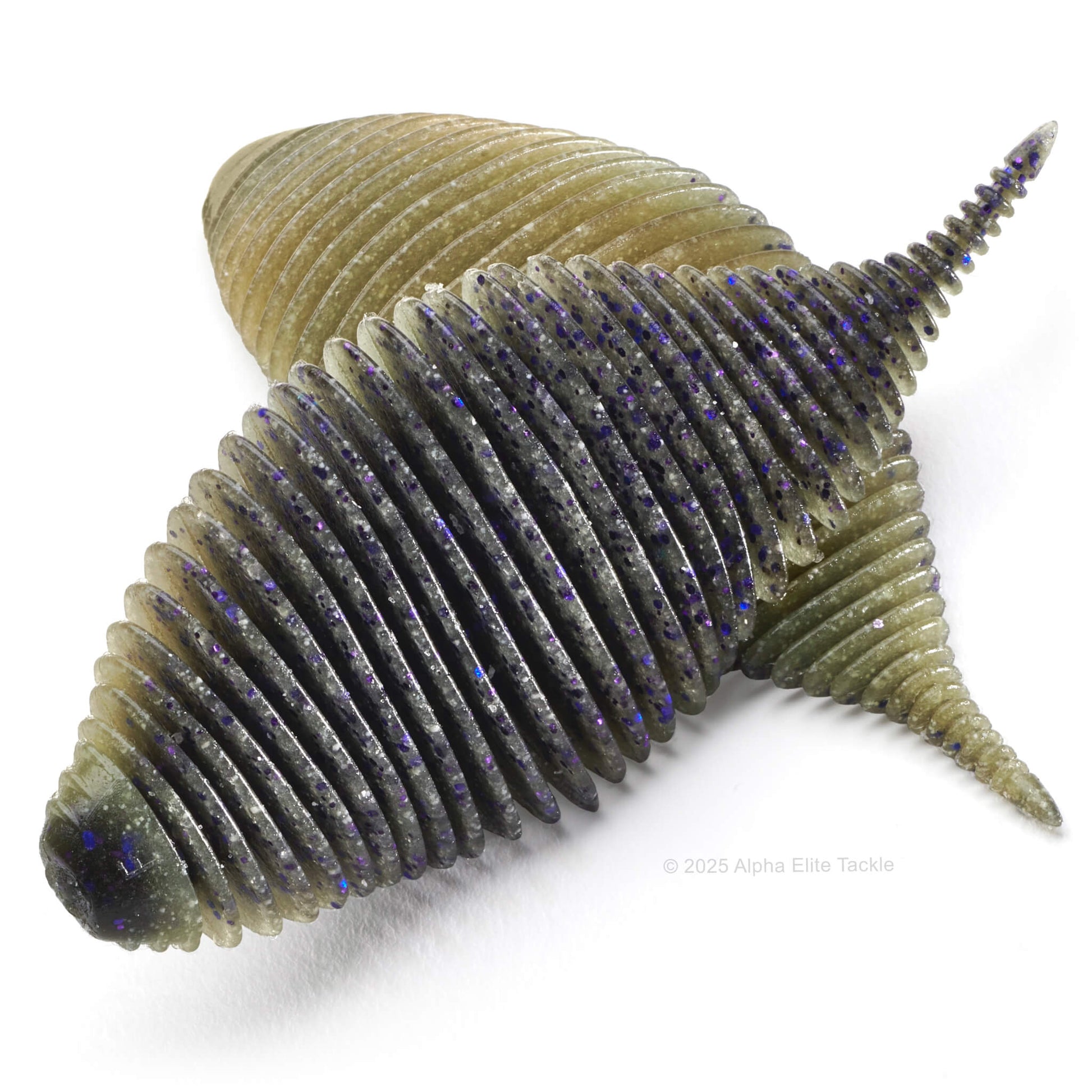 Close up of the Geecrack Bellows Gill Creature Bait in the color Muddy Gill on a white background