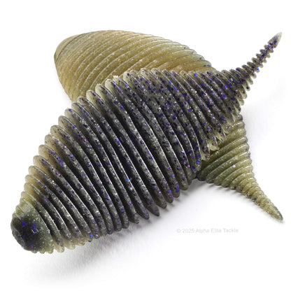 Close up of the Geecrack Bellows Gill Creature Bait in the color Muddy Gill on a white background