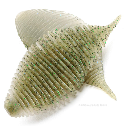 Close up of the Geecrack Bellows Gill Creature Bait in the color Neon Gill on a white background