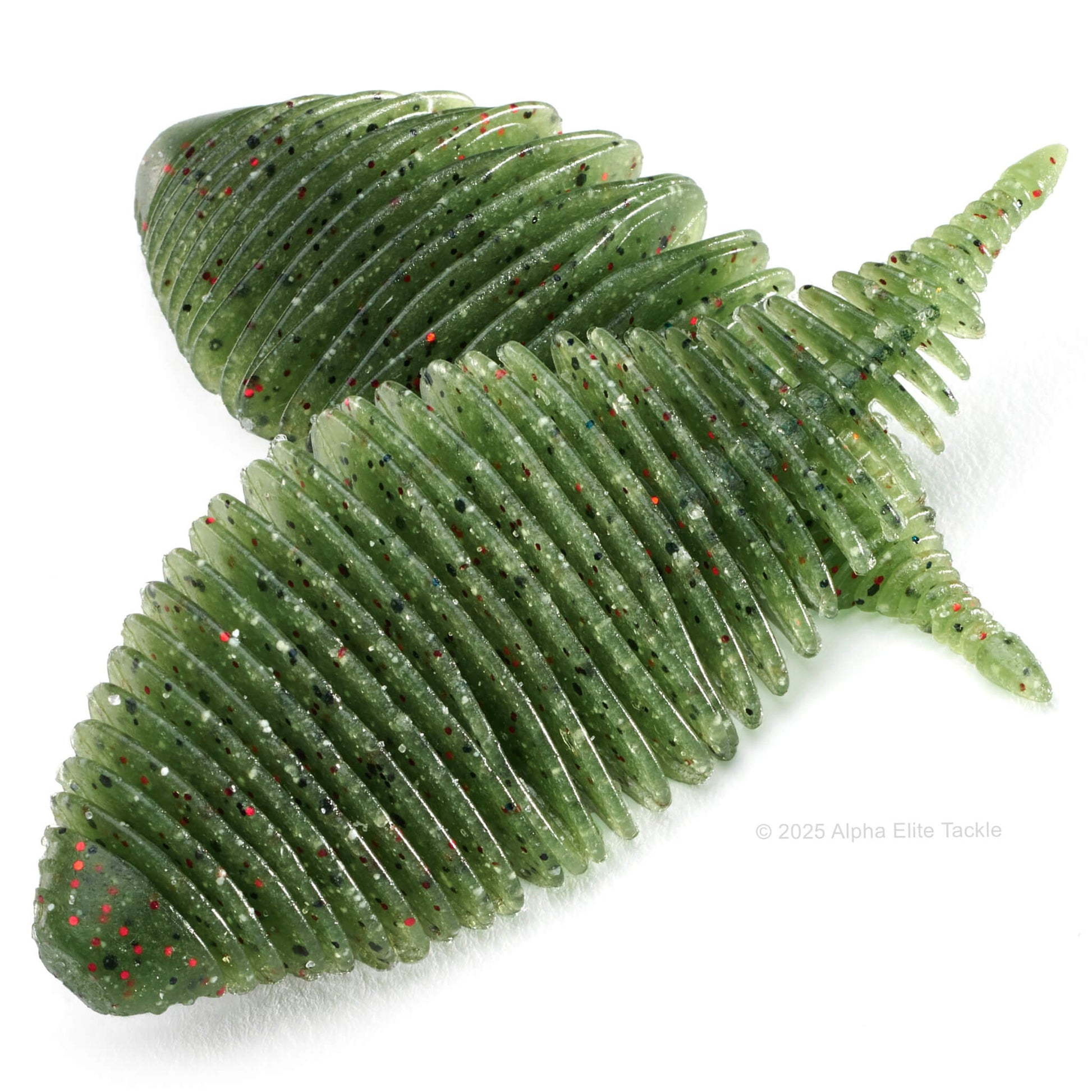 Close up of the Geecrack Bellows Gill Creature Bait in the color Watermelon Red Flake on a white background