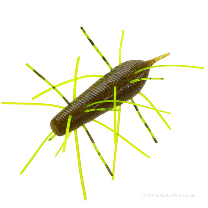 Greecrack Imo Kemushi Creature soft plastic bait in the color Green pumpkin bite chart on a white background