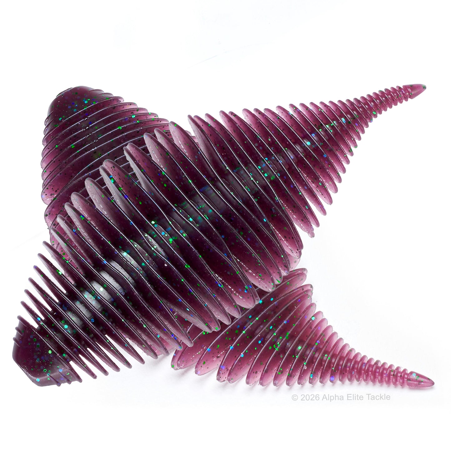 Close up of the Geecrack Bellows Gill Creature Bait in the color Electric Grape on a white background