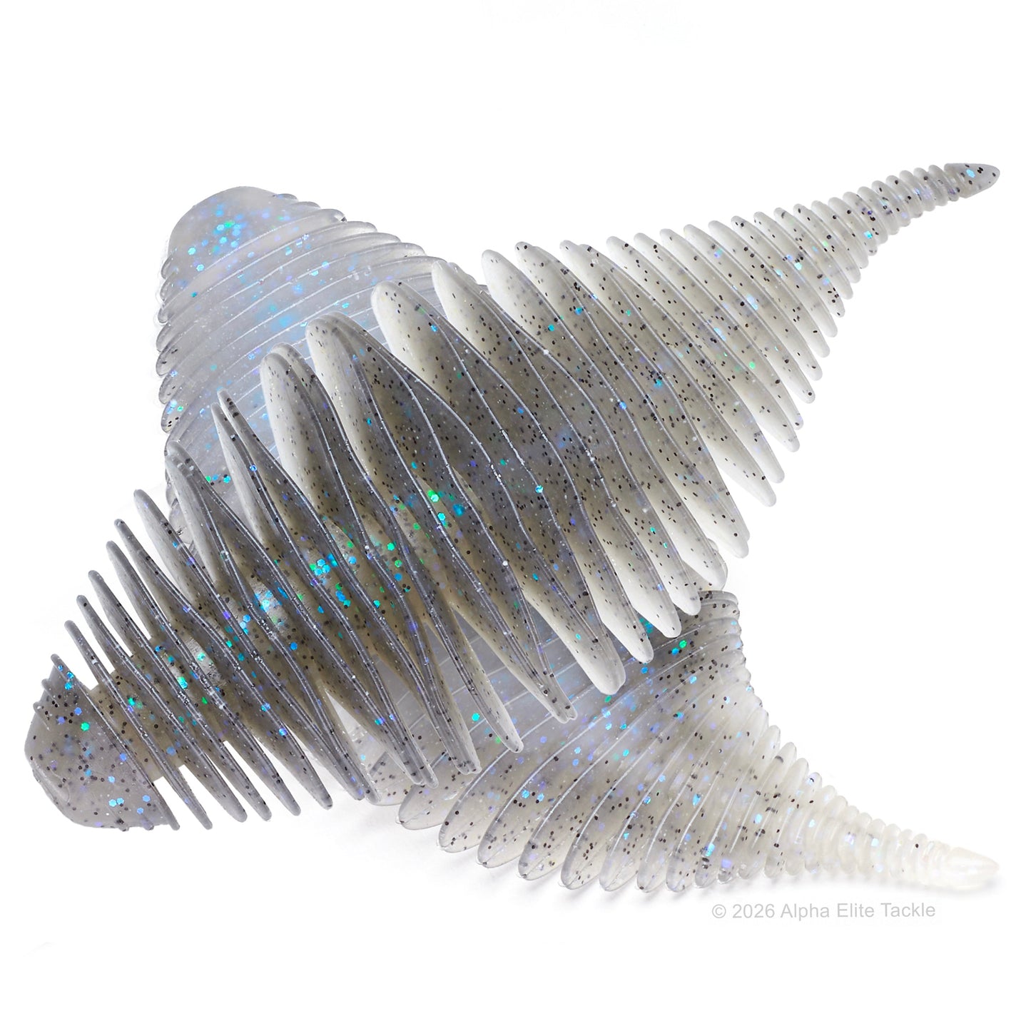 Close up of the Geecrack Bellows Gill Creature Bait in the color Electric Shad on a white background