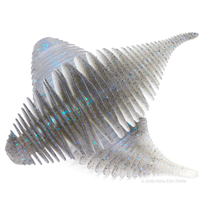 Close up of the Geecrack Bellows Gill Creature Bait in the color Electric Shad on a white background
