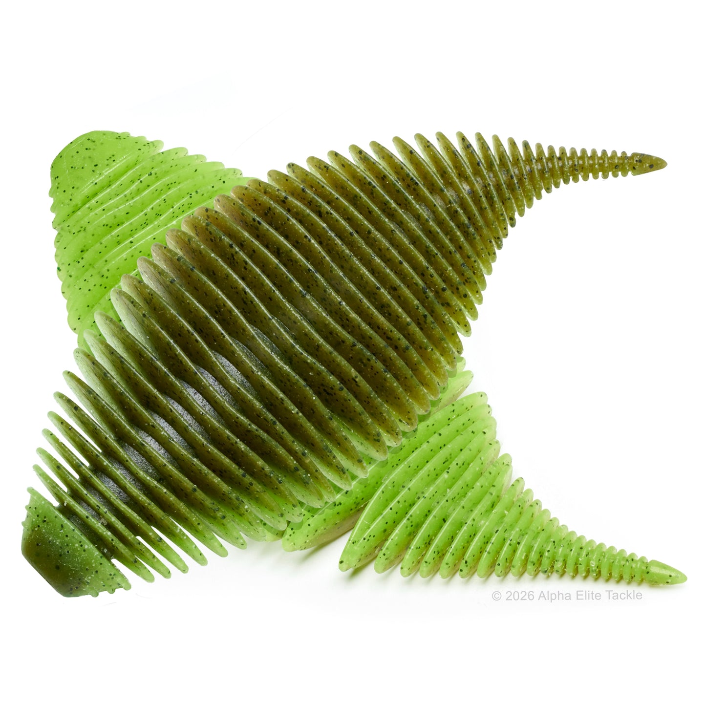 Close up of the Geecrack Bellows Gill Creature Bait in the color Green Pumpkin Chart on a white background