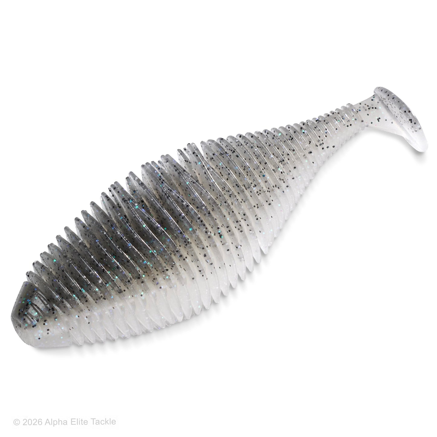Soft plastic ribbed paddletail swimbait in the shape of a shad in the color electric shad