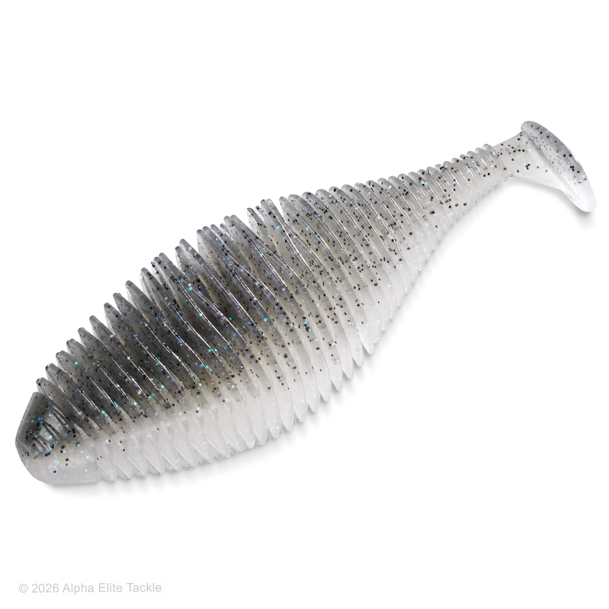 Soft plastic ribbed paddletail swimbait in the shape of a shad in the color electric shad