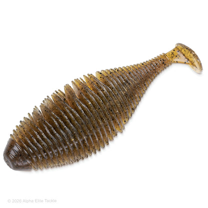 Soft plastic ribbed paddletail swimbait in the shape of a shad in the color green pumpkin