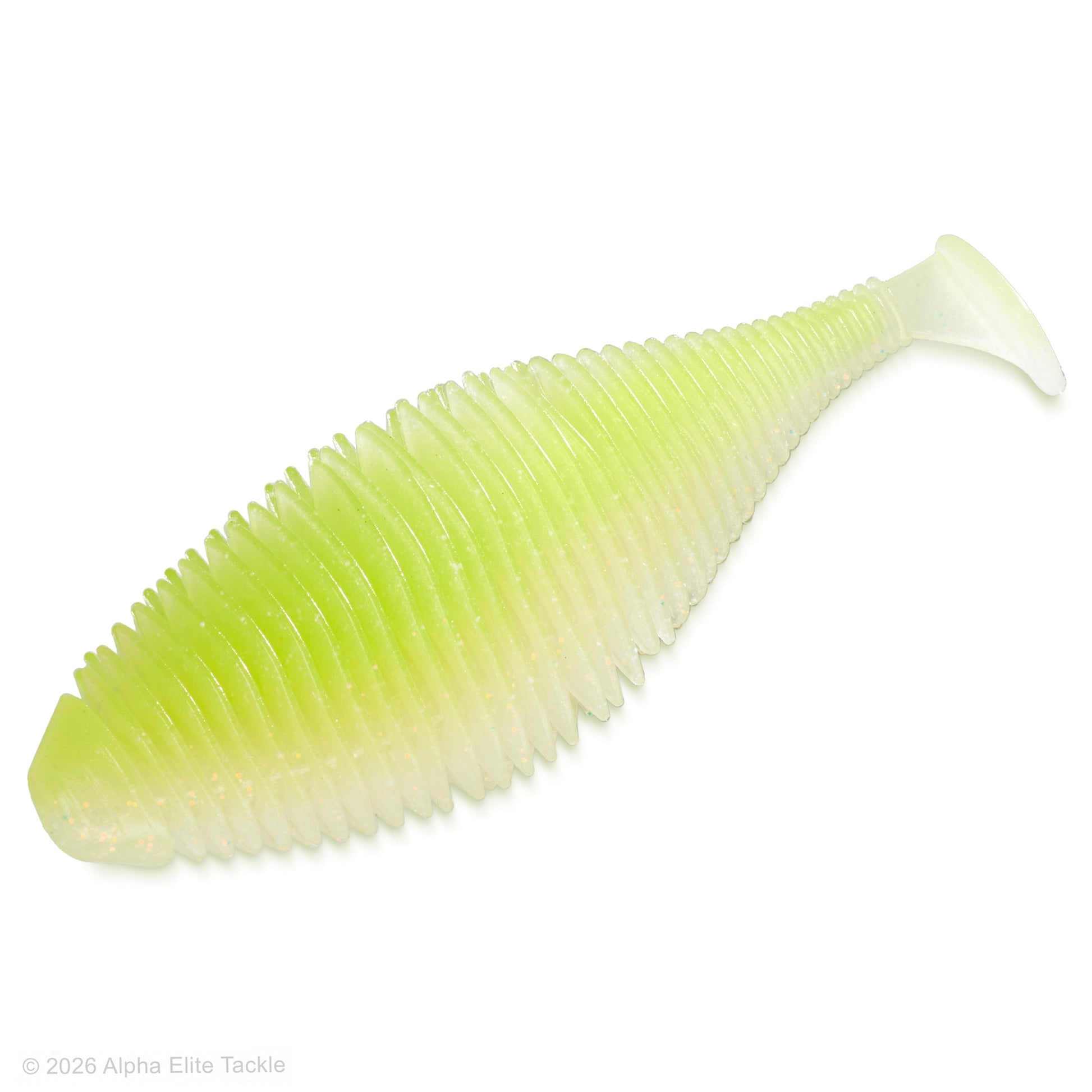 Soft plastic ribbed paddletail swimbait in the shape of a shad in the color honey chart shad