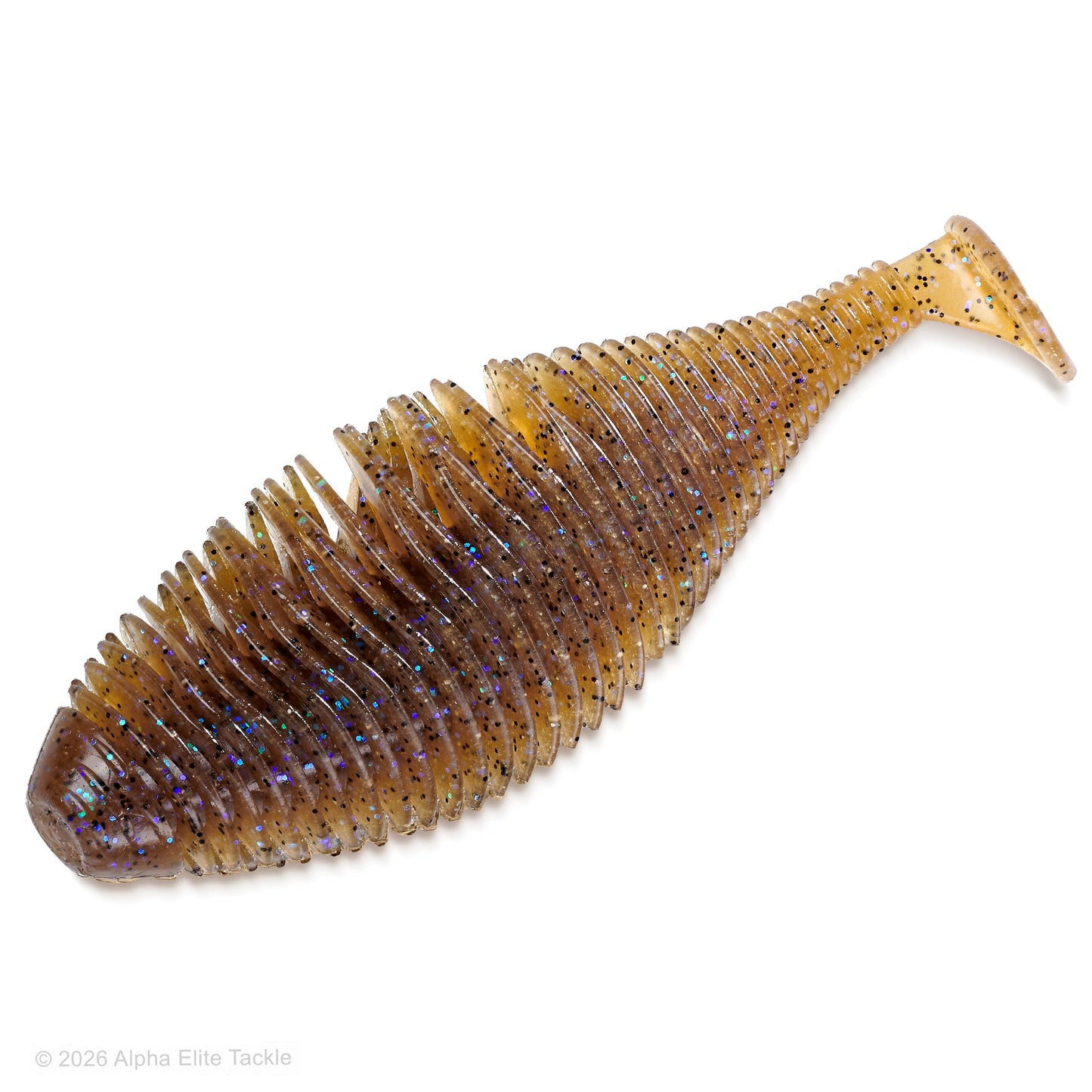Soft plastic ribbed paddletail swimbait in the shape of a shad in the color Kawase Moebi