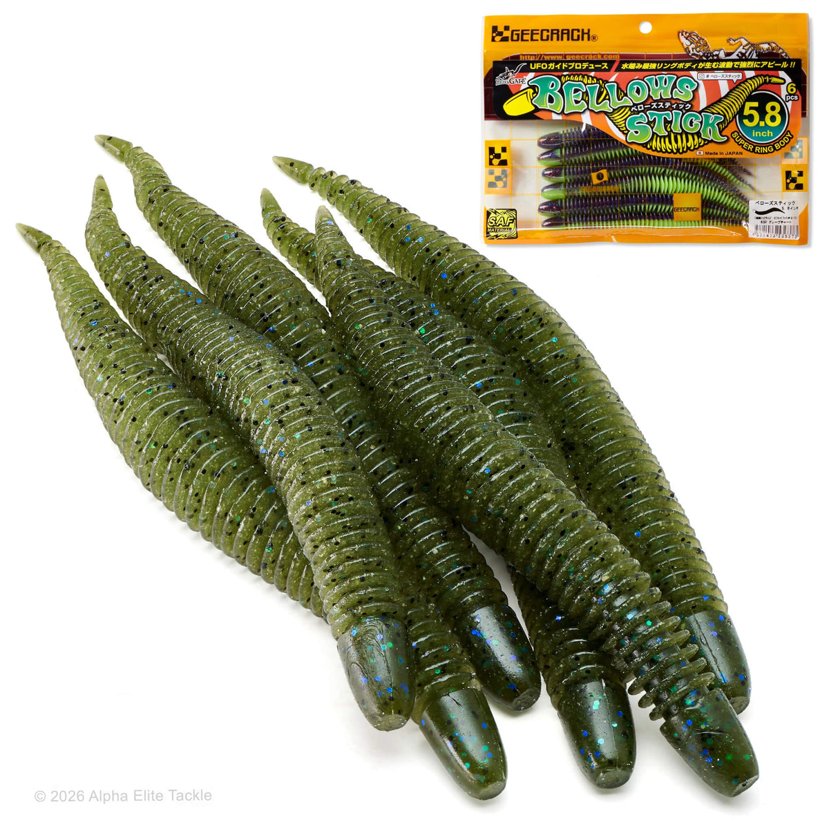Five green soft plastic ribbed fishing lures with blue glitter flecks arranged on a white background, next to a package of GEECRAWL Bellows Stick 5.8 inch lures.
