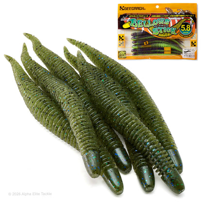 Five green soft plastic ribbed fishing lures with blue glitter flecks arranged on a white background, next to a package of GEECRAWL Bellows Stick 5.8 inch lures.