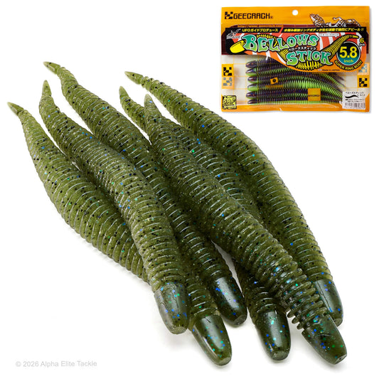 Five green soft plastic ribbed fishing lures with blue glitter flecks arranged on a white background, next to a package of GEECRAWL Bellows Stick 5.8 inch lures.