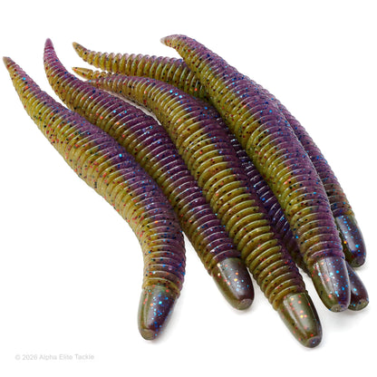 Highly productive soft plastic ribbed worm in the color Bug Bomb used for bass fishing called the Geecrack Bellows Stick 5.8