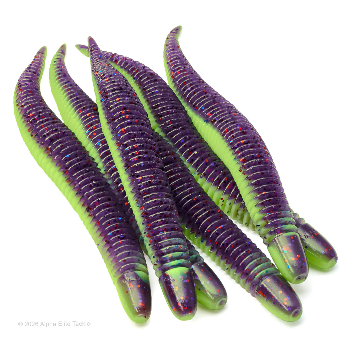 Highly productive soft plastic ribbed worm in the color Grape Chart used for bass fishing called the Geecrack Bellows Stick 5.8