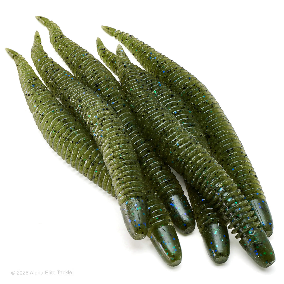 Highly productive soft plastic ribbed worm in the color Green Pumpkin Blue Flake used for bass fishing called the Geecrack Bellows Stick 5.8