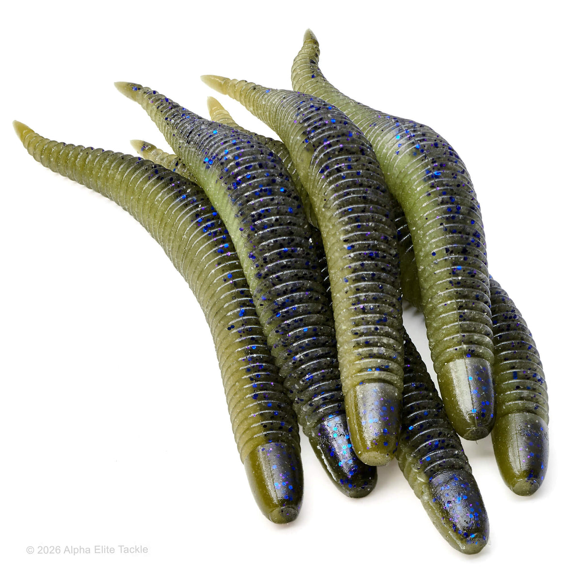 Highly productive soft plastic ribbed worm in the color Muddy Gill used for bass fishing called the Geecrack Bellows Stick 5.8