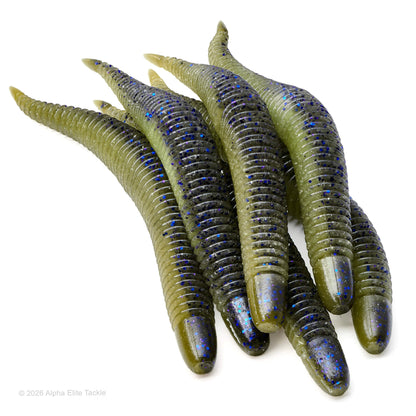 Highly productive soft plastic ribbed worm in the color Muddy Gill used for bass fishing called the Geecrack Bellows Stick 5.8