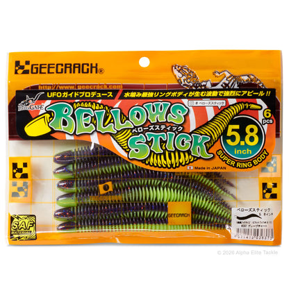 GEECRACK Bellows Stick 5.8 inch Super Ring Body soft plastic fishing lures in a blister pack with orange and yellow packaging.