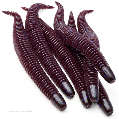 Highly productive soft plastic ribbed worm in the color Plum Blue Flake used for bass fishing called the Geecrack Bellows Stick 5.8