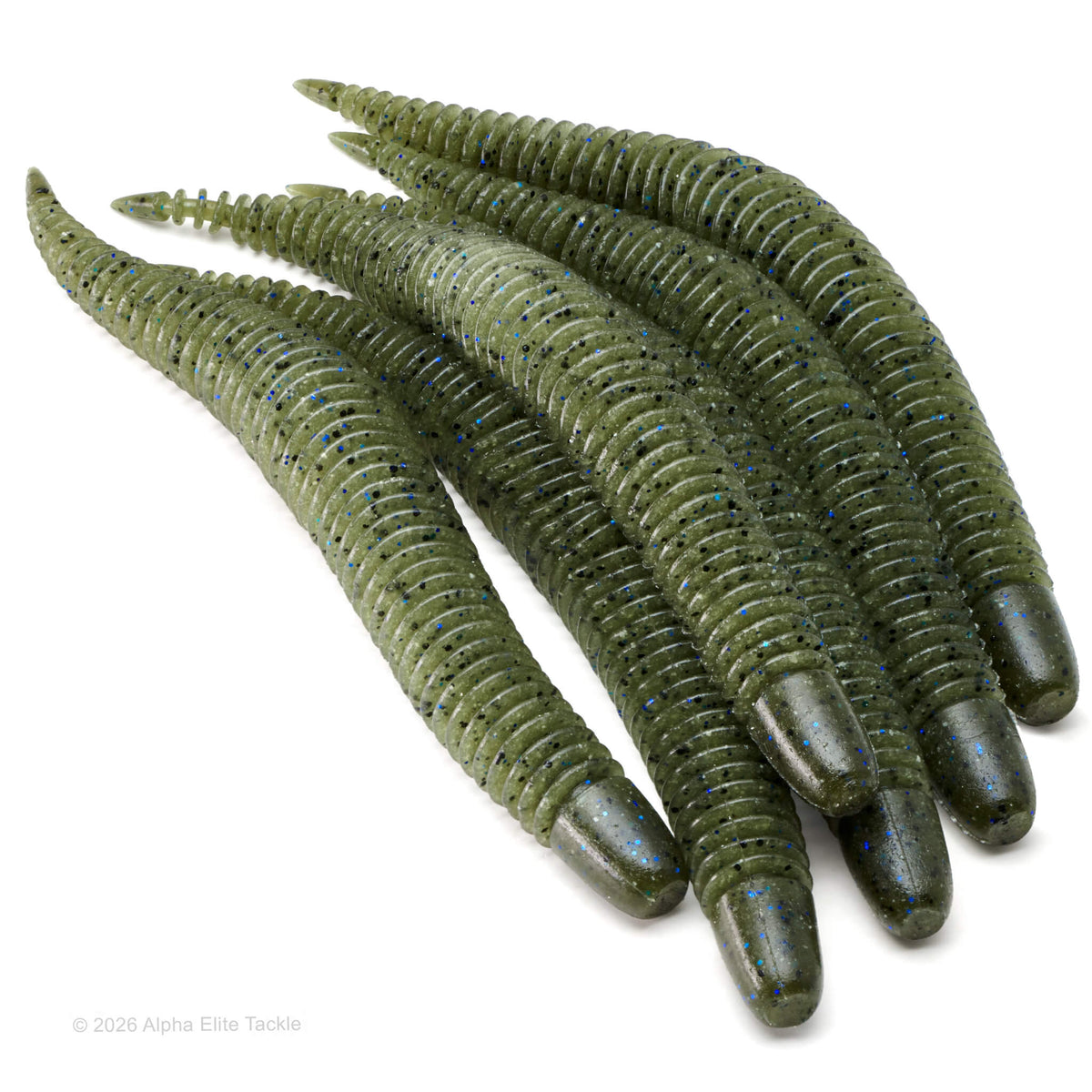 Five olive green ribbed soft plastic fishing lures with blue glitter speckles, arranged diagonally on a white background.