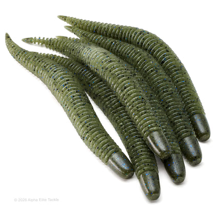 Five olive green ribbed soft plastic fishing lures with blue glitter speckles, arranged diagonally on a white background.